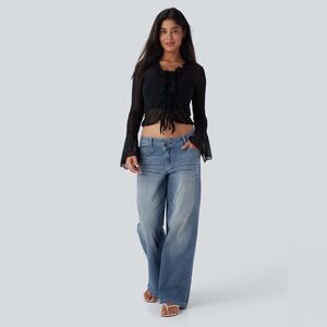 Halara Flex™ Asymmetric Low Rise Zipper Pockets Baggy Wide Leg Washed Casual